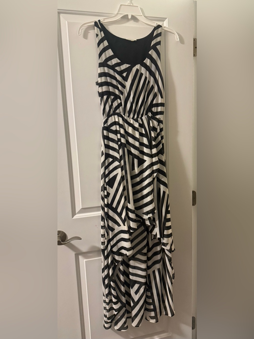 Black & White Striped High-Low Dress - Elegant Geometric Print